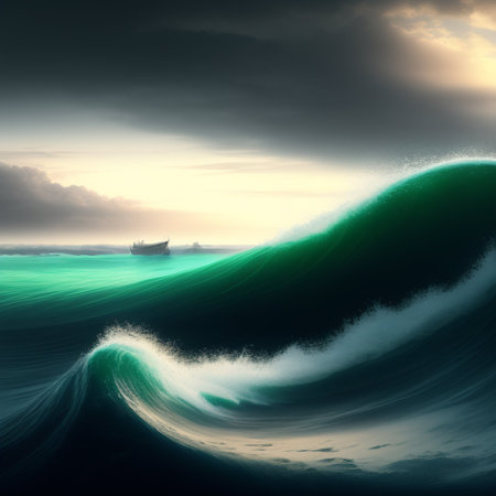 Ocean wave with boat at sunset. 3D render. Clip-artの写真素材