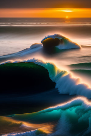 Long exposure of ocean waves crashing onto a rock at sunset.  Long exposure image.の写真素材