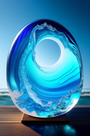 crystal ball on the beach, 3d render, blue backgroundの写真素材