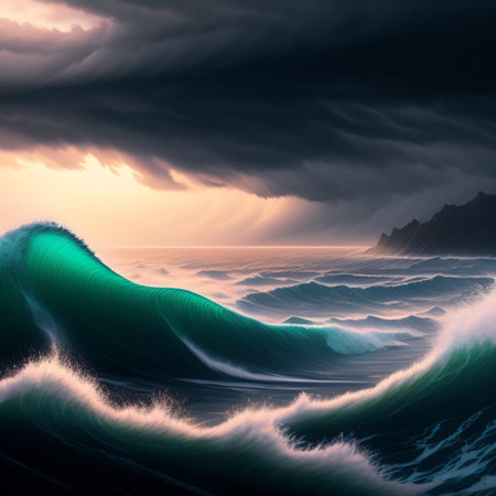 Surf wave in ocean at sunset. 3d render illustration.の写真素材