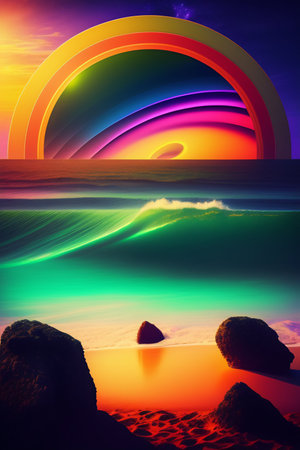 Sunset over the sea. Colorful abstract background. 3d renderの写真素材