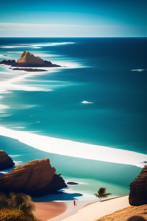 Beautiful beach with turquoise water and white sand at sunsetの写真素材