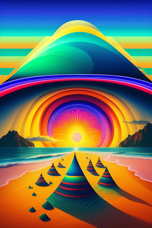Sunset over the sea with mountains and sun. Vector illustration.の写真素材