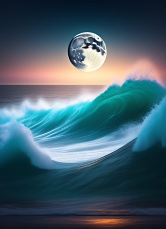 Blue ocean wave with moon and sunrise sky. 3D Renderingの写真素材