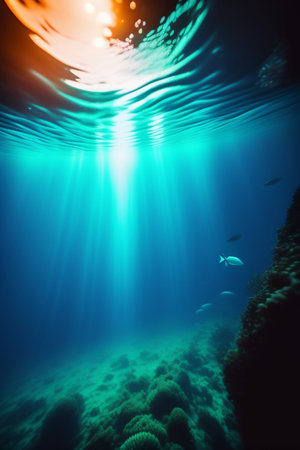 Underwater view of coral reef with fishes and sunbeams.の写真素材