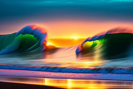 Beautiful waves on the beach at sunset. Colorful landscape.の写真素材