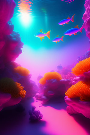 Underwater scene with coral reef and fishes. 3d render.の写真素材