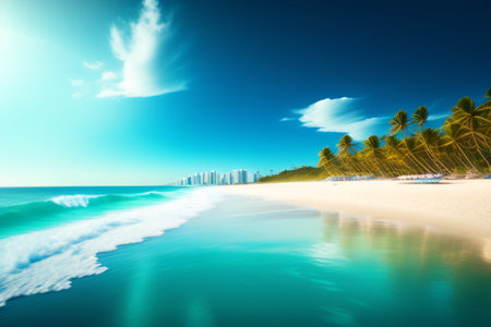 Tropical beach with palm trees, turquoise sea and blue skyの写真素材