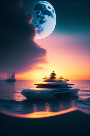 Yacht in the sea at sunset. 3d render illustration.の写真素材