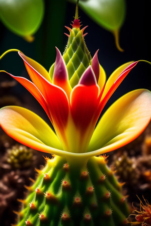 Close up of a beautiful cactus with red and yellow flowers.の写真素材