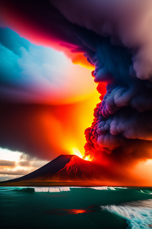Volcanic eruption at sunset, Kamchatka Peninsula, Russia