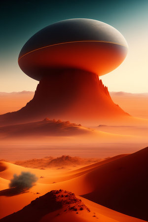 Fantasy alien planet. Flying saucer in the desert. 3D illustrationの写真素材