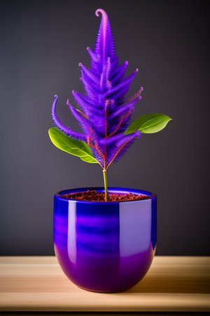 Plant in a purple pot on a wooden table and a black backgroundの写真素材