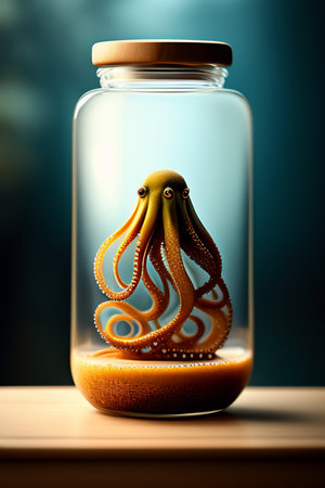 Octopus in a glass jar on blue background. 3d illustrationの写真素材