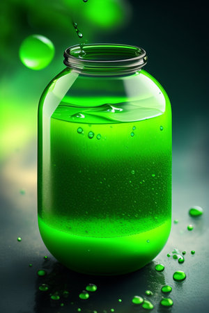 Green liquid in a glass jar with drops on a dark background.の写真素材