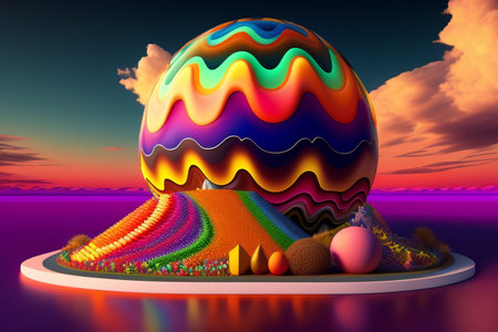 3d rendering of a rainbow planet with some easter eggs in itの写真素材