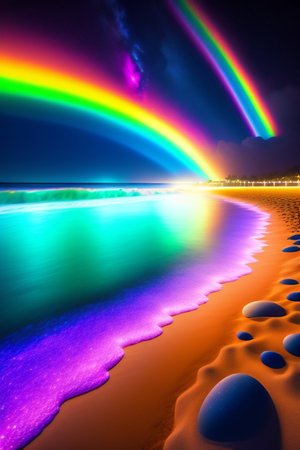 rainbow on the beach in the night, closeup of photoの写真素材