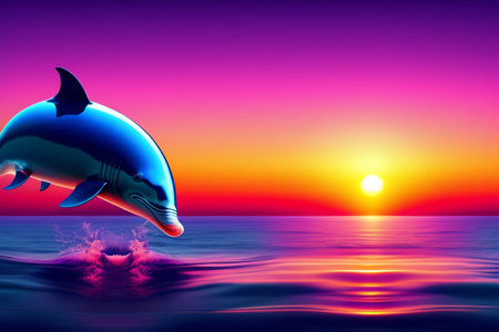 Dolphin jumping out of the sea at sunset. 3d renderの写真素材