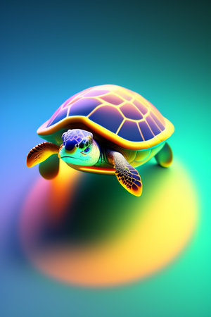 3d rendering of a green turtle on a colorful gradient background.の写真素材