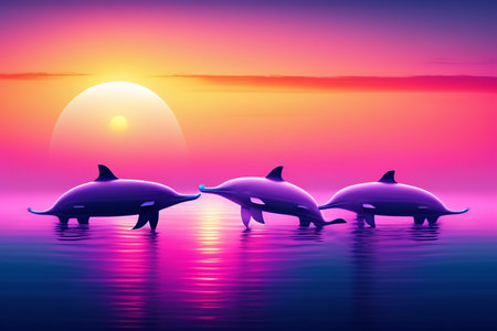 Dolphins on the background of the sunset. 3d rendering.の写真素材