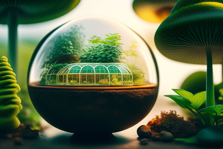 Glass globe with green plants inside. Environment protection concept. 3D Renderingの写真素材