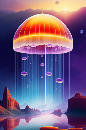 Fantasy landscape with flying saucer in the sky. Vector illustration.の写真素材