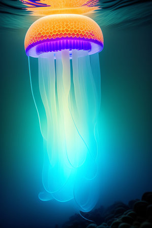 3d illustration of jellyfish over dark background with neon light.の写真素材