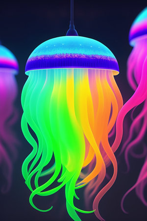 Colorful jellyfish floating in water. 3d render illustration.の写真素材