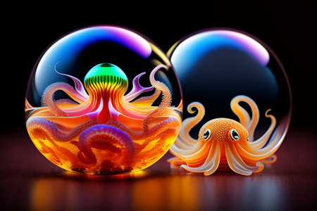 Octopus in a glass ball on a black background. 3d renderingの写真素材