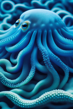 Octopus on blue background. 3d illustration. Close-up.の写真素材