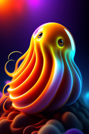 3d illustration of abstract background with octopus in neon light.の写真素材