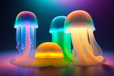 Jellyfish in neon light. 3D rendering. Underwater world.の写真素材