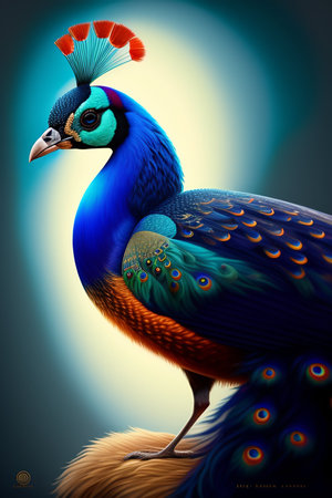 Beautiful peacock on a blue background. 3D illustration.の写真素材