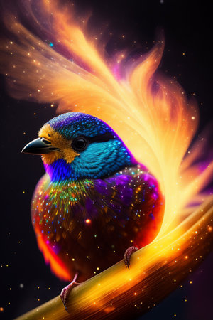 Colorful bird on the background of the starry sky with fireの写真素材