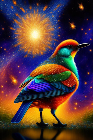 Colorful bird on a background of the starry sky and spaceの写真素材