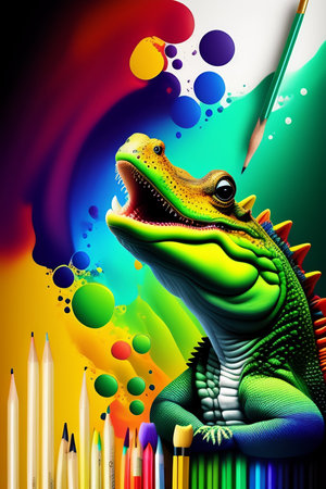 Illustration of a crocodile with pencils on a colorful backgroundの写真素材