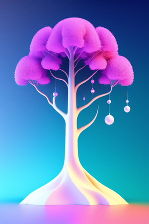 Illustration of an abstract tree with balls and stars on a blue backgroundの写真素材