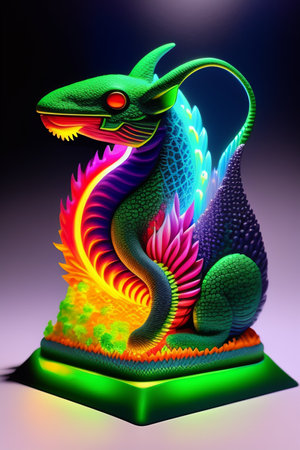 Colorful dragon statue on black background. 3D rendering. Neon colors.の写真素材