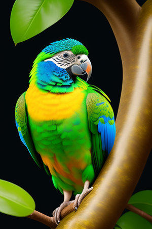 Colorful parrot sitting on a tree branch isolated on black backgroundの写真素材