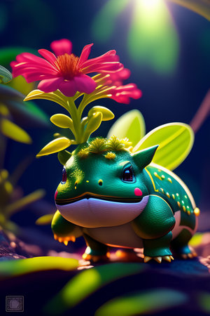 Cute little green frog with flowers in the background. 3d renderingの写真素材