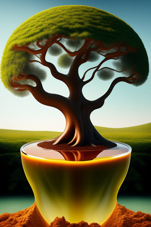 A 3d render illustration of a tree in a pot with soilの写真素材