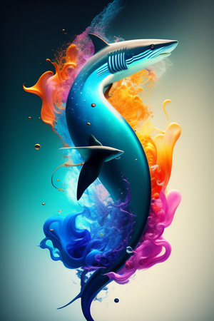 Shark in colorful water. 3d illustration. Abstract background.の写真素材