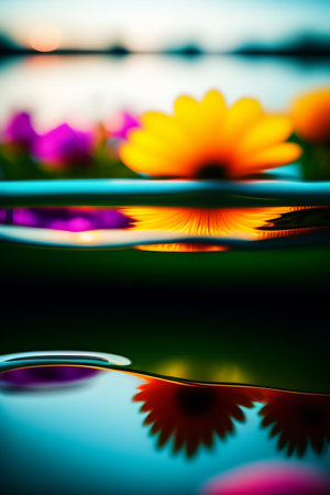 Colorful flowers reflected in water, close-up. Selective focus.の写真素材