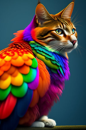Portrait of a cat with colorful wings on a gray background.の写真素材