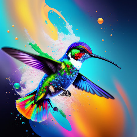 Hummingbird on abstract colorful background with splashes. Vector illustration.の写真素材