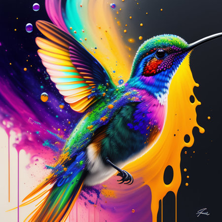 Hummingbird with colorful paint splashes on a black background.の写真素材