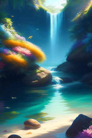 Fantasy landscape with waterfall. 3D illustration. Digital painting.の写真素材