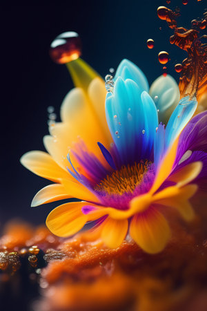 Beautiful colorful flowers with drops of water on a dark background.の写真素材