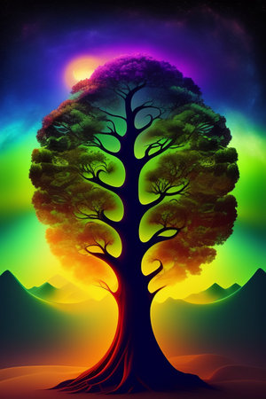 Illustration of an abstract tree in a surreal landscape with rainbow colorsの写真素材