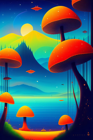 Fantasy landscape with mushrooms. Vector illustration of a fantasy landscape.の写真素材